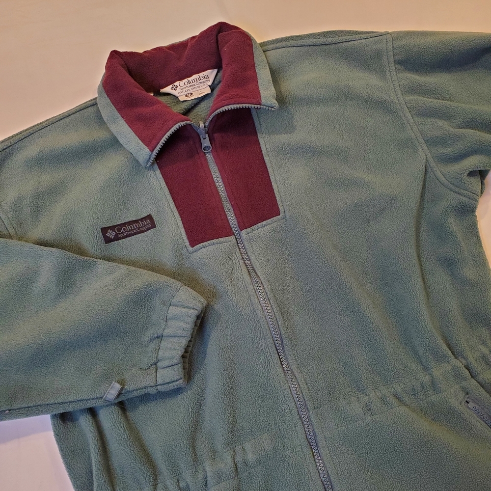 Columbia Vintage Full Zip Cinch Waist‎ Fleece Jacket Green Purple Women's Medium
